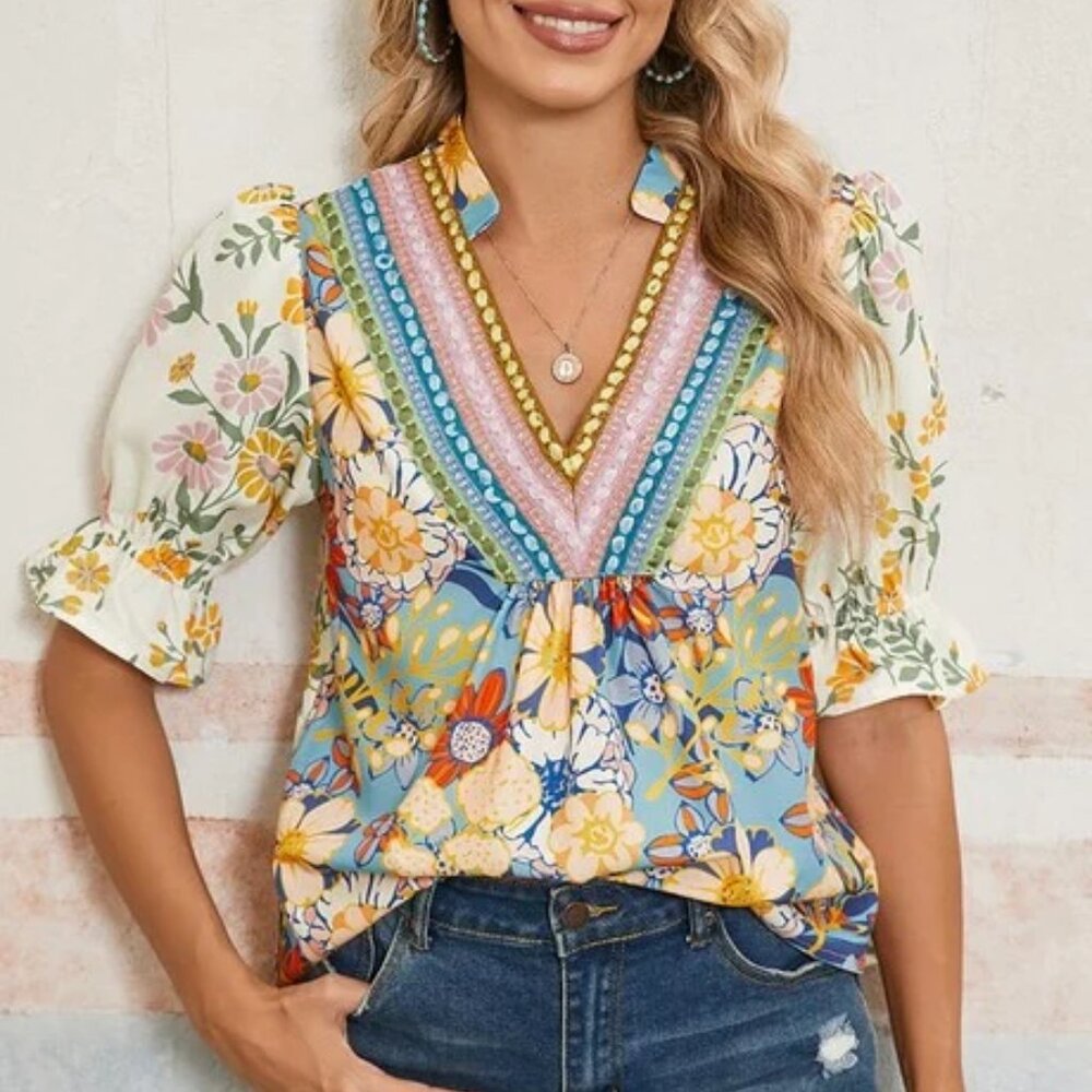 NWT Boho Crochet Detail Half Sleeve Floral Blouse